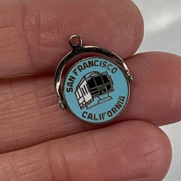 Vintage Sterling Silver San Francisco California Cable Car Charm Pendant Blue - Picture 9 of 11